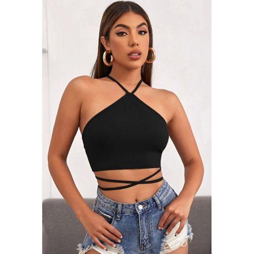 Kadın Siyah Modern Fit Sırtı Açık Boyundan Çapraz Bağlamalı Crop Top Bluz