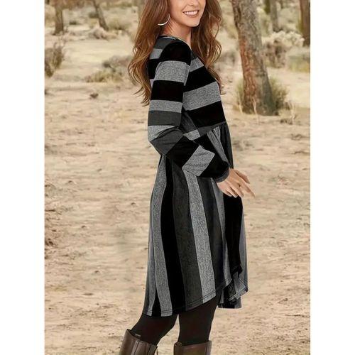 Kadın Uzun Kollu Bisiklet Yaka çizgili Desen Detaylı Süprem Mini Elbise