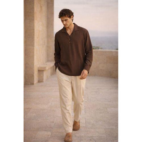 Baldwin Apaş Yaka Britli 3 Düğmeli İnce Modal Kumaş Oversize Uzun Kollu Yazlık Erkek Gömlek - Kahve