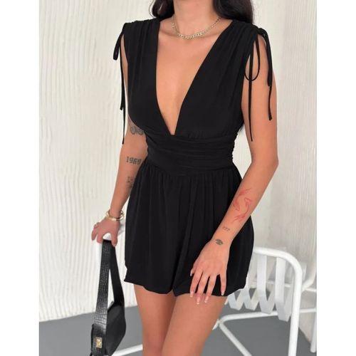 Derin V Yaka Etek Görünümlü Şortlu Elbise Drapeli Mini Yazlık - Siyah