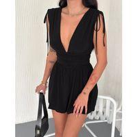 Derin V Yaka Etek Görünümlü Şortlu Elbise Drapeli Mini Yazlık - Siyah