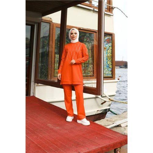 Çarpraz Taş Desenli O Yaka İkili Tesettür Eşofman Takımı - 71185.036 - Oranj
