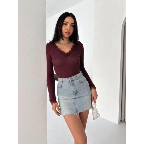 Dantel Detaylı V Yaka Arkası V Yaka Kaşmir Dokulu Uzun Kollu Bluz - Bordo