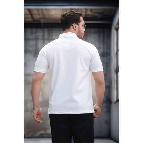 Yarım Fermuar Tek Cepli Erkek T-Shirt - Beyaz