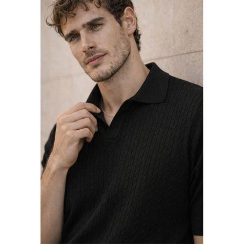 Nestor Saç Örgü Desenli Polo Yaka Regular Fit Örme İnce Triko Erkek T-Shirt - Siyah