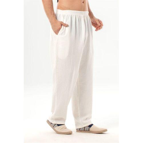 Beli Lastikli Yandan Çift Cepli Müslin Şalvar Pantolon Kırık Beyaz KrkByz