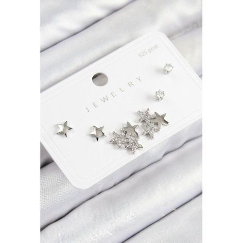 Pirinç Zirkon Taşlı Yıldız Model Gümüş Renk 925 Ayar Gümüş Çivi Kadın Küpe Set