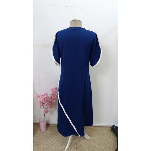 Kadın Kısa Kollu Bisiklet Yaka çift şerit Renk Detaylı Asimetrik Kesim Viskon Iki Iplik Elbise