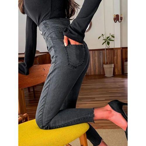 Kadın Yüksek Bel önden Düğmeli Cepli Dar Kesim Detaylı Kot Pantolon