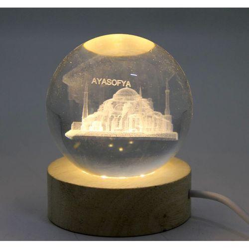 3d Kristal Cam Küre Ahşap Soketli İstanbul Temalı Led Lamba