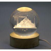 3d Kristal Cam Küre Ahşap Soketli İstanbul Temalı Led Lamba