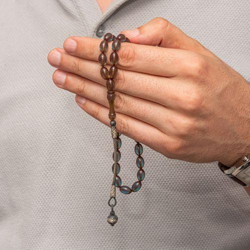 Gümüş Şeffaf Kazaz Püsküllü Sıkma Kehribar Tesbih