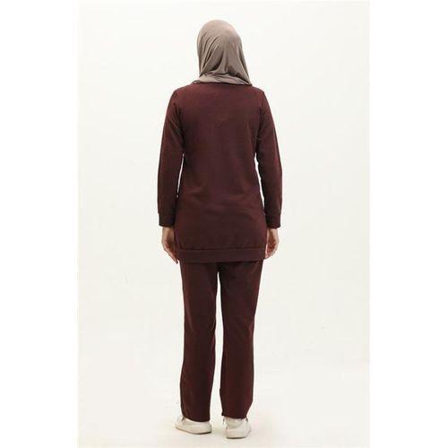 Fermuarlı İnci ve Taş Detaylı İkili Sade Basic Eşofman Spor Takımı - 03038.020 - Mürdüm