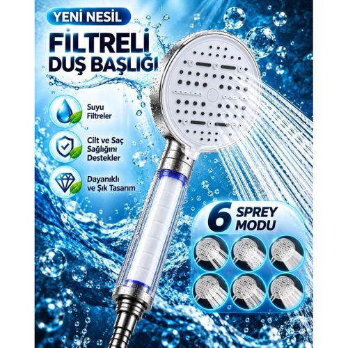 Modern Tasarımlı 6 Modlu Filtreli Duş Başlığı Büyük Panel Metalik Beyaz Duş Atı