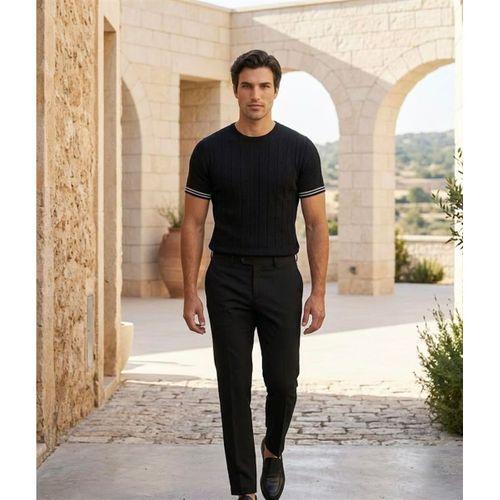 Dale Kolları Şeritli Bisiklet Yaka İnce Triko Örme Regular Fit Erkek T-Shirt - Siyah