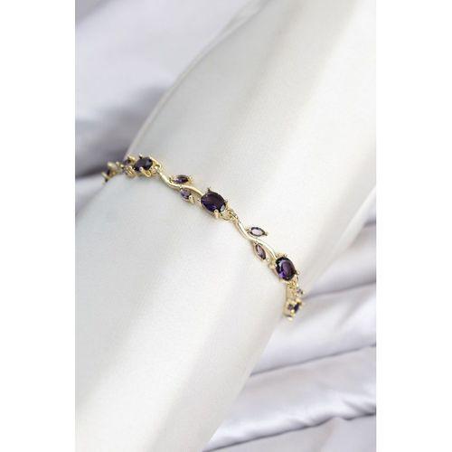 Pirinç Gold Renk Mor Zirkon Taşlı Çiçek Model Kadın Bileklik