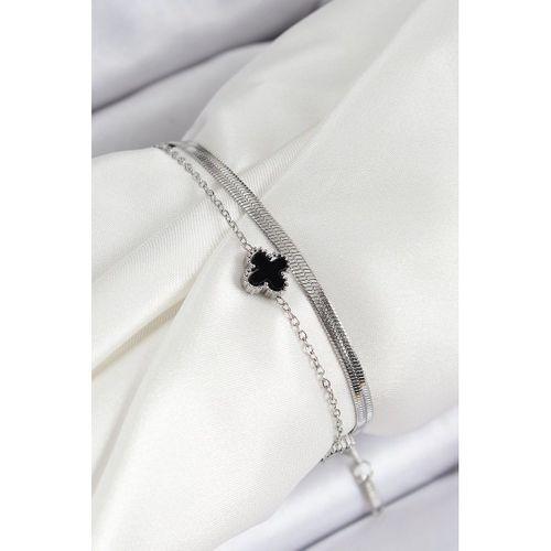 316L Çelik Gümüş Renk Siyah Yoncalı İtalyan Zincirli 2'li Kadın Bileklik