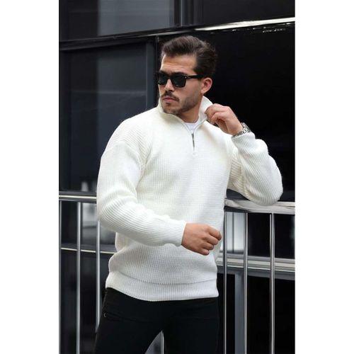 Oversize Selanik Örgü Yarım Fermuar Erkek Triko Kazak - Ekru