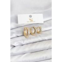 Pirinç Gold Renk Zirkon Taşlı Halka Model YSX Trio Küpe Seti