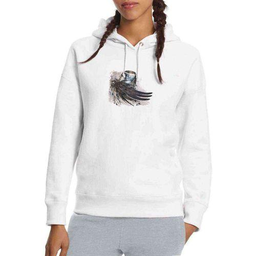 Şahin Resim Suluboya Resim Falcon Illüstrasyon Baskılı Beyaz Kadın Kapşonlu Sweatshirt