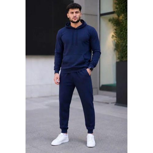 Erkek İki İplik Kapüşonlu Kanguru Cepli Sweatshirt Jogger Pantolon Alt Üst Eşofman Takımı - Lacivert