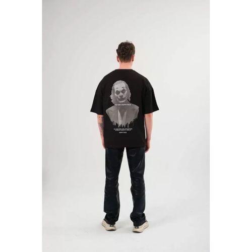 Unisex Bisiklet Yaka Baskılı Oversize T-Shirt - Siyah