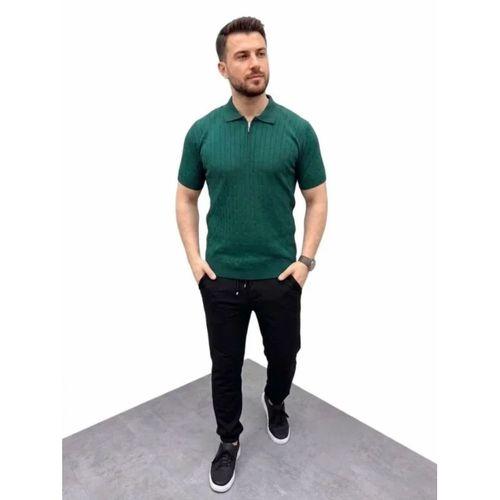 Erkek Yazlık Triko Saç Örgü Tişört Kısa Kol Polo Yaka Fermuarlı T-Shirt - Haki