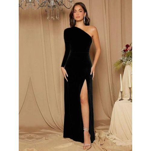 Kadın Uzun Kollu Yırtmaçlı önü Pile Detay Kadife Elbise