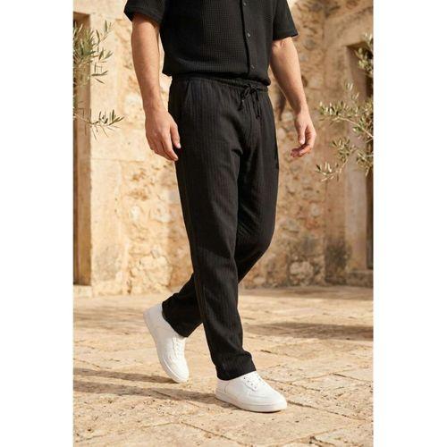 Calvert Tensel Pamuk Kumaş Çizgili Relaxed Fit Erkek Pantolon - Siyah