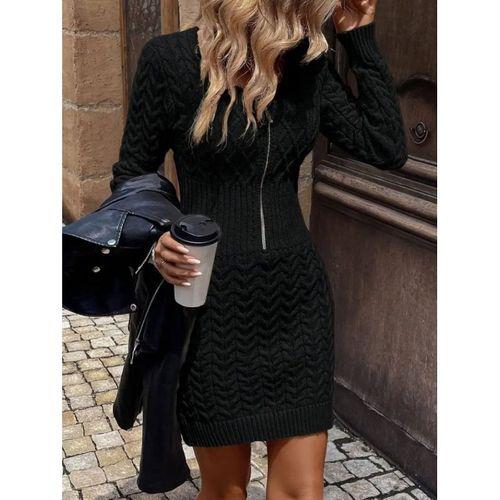 Kadın Uzun Kollu V Yakalı önden Fermuarlı Kısa Triko Elbise