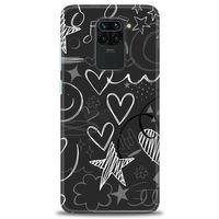 Xiaomi Redmi Note 9 Kılıf HD Baskılı Kılıf - Siyah Kalp ve Notalar + Tam Ekran Koruyucu