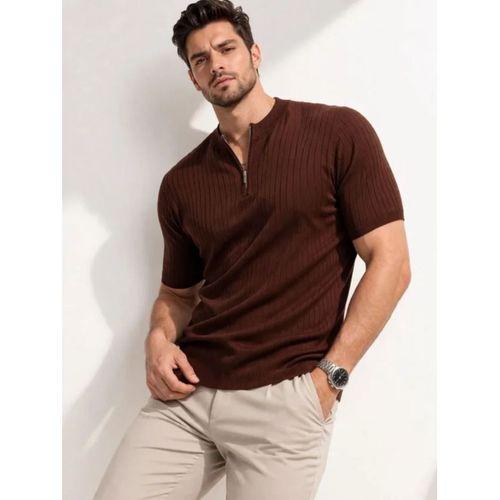 Erkek Kısa Kol Fitilli Triko T-Shirt Yazlık Hakim Yaka Tişört - Kahverengi