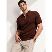Erkek Kısa Kol Fitilli Triko T-Shirt Yazlık Hakim Yaka Tişört - Kahverengi