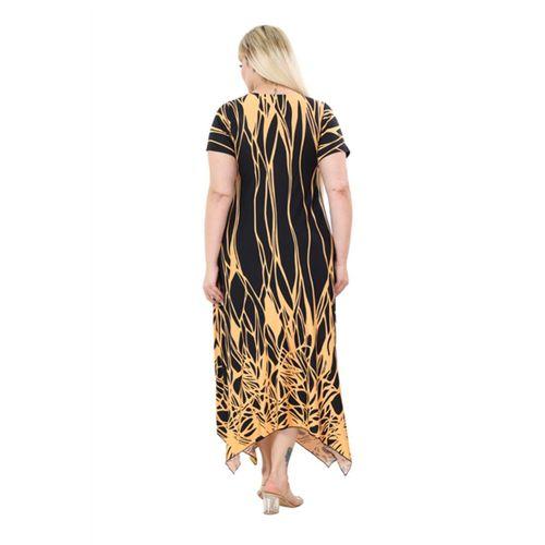 Melsay Butik Kısa Kollu Asimetrik Kesim Sarı Dalgalı Reflektör Desen Büyük Beden Elbise