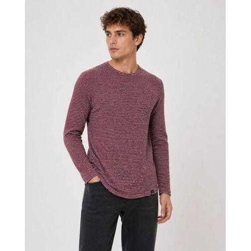 Erkek Dokulu Çizgili Uzun Kollu Tişört Oval Kesim - Bordo