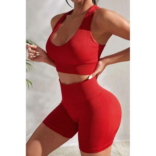 Kadın Kırmızı Yüksek Bel Çapraz Sırt Detaylı Şortlu Gecelik Takım