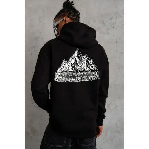 Erkek Nihilist Penguen Temalı Oversize Kapüşonlu Sweatshirt - Siyah