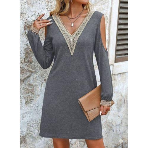 Kadın Uzun Kollu Omuzdan Açık V Dantel Yakalı Mini Waffle Elbise