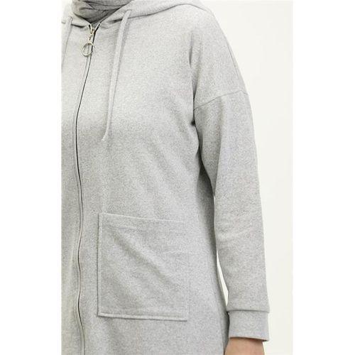 Kapşonlu Fermuarlı Yırtmaçlı Uzun Sweat Pantolon Spor İkili Takım - 03055.008 - Gri