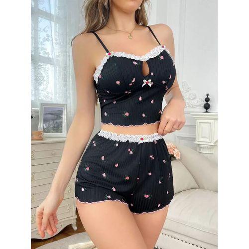 Yumuşak Kumaşlı Çiçekli Şortlu Dantelli Gecelik Takımı, Rahat Ve Şık Ev Giyim,kadın Pijama