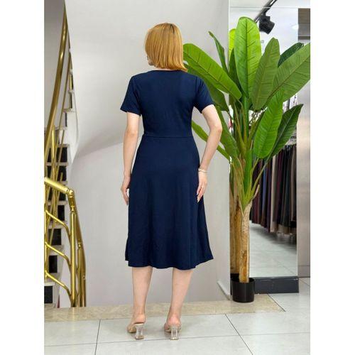 Kadın Kısa Kollu V Yakalı önden Düğmeli A Kesim Dokuma Elbise