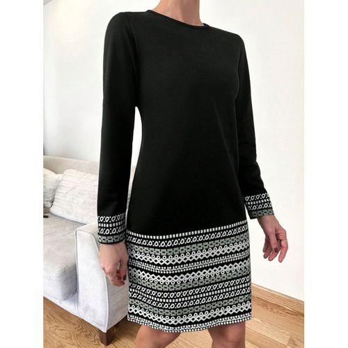 Kadın Uzun Kollu Bisiklet Yaka Kol Ağzı Ve Etek Ucu Baskılı Iki Iplik Elbise