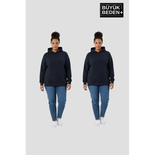 Kadın Büyük Beden 2  li Set Kapşonlu Kollar Ve Etek Ribanalı ince Swatshırt SPR26BSWK957+2