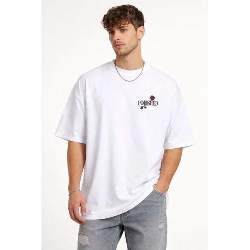 Erkek Bisiklet Yaka Baskılı Kısa Kollu Tişört Streetwear Günlük Basic Pamuklu T-shirt - Beyaz