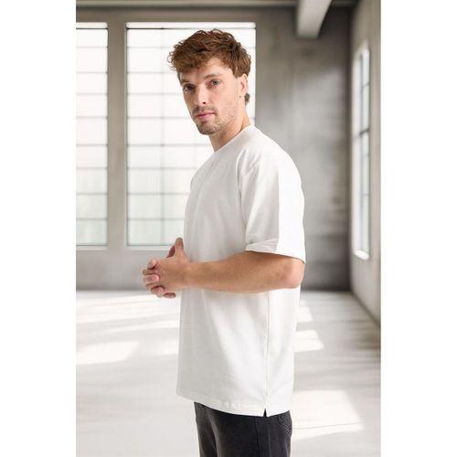 İki İplik Kumaş Pamuklu Bisiklet Yaka Basic Oversize Erkek T-Shirt - Ekru