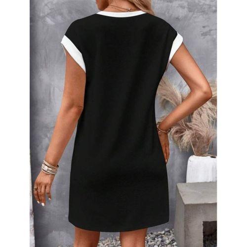 Kadın Kısa Kollu Yuvarlak Yakalı Kontrast Manset Detaylı Kısa Janjan Krep Elbise