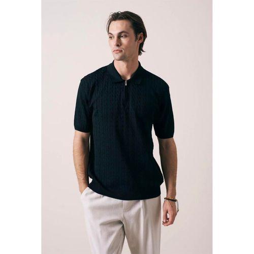 Burke Saç Örgü Yarım Fermuarlı Kısa Kollu İnce Triko Erkek T-Shirt - Siyah