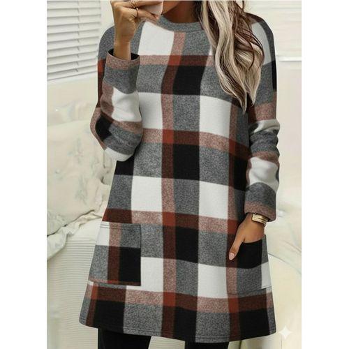 Kadın Uzun Kollu Yarı Balıkçı Yakalı Cep Detaylı Ekoseli Dokuma Tunik