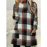 Kadın Uzun Kollu Yarı Balıkçı Yakalı Cep Detaylı Ekoseli Dokuma Tunik