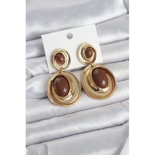 Kahverengi Sallantılı Damla Model Gold Renk Vintage Kadın Küpe